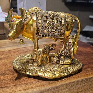 Brass Kamdhenu Cow with Calf Statute